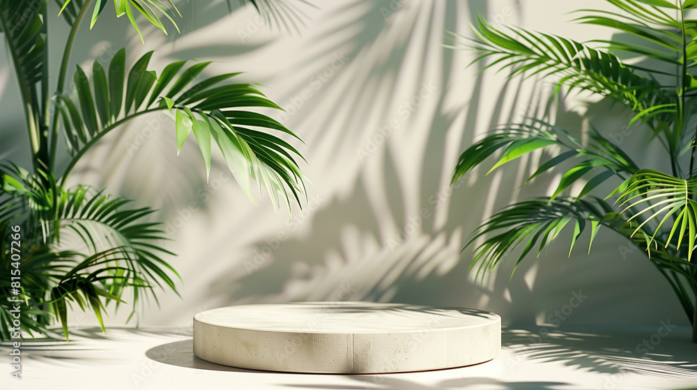mock up platform on white background. in the studio with the shadow of tropical leaves, Ai generated Images mock up platform on white background. in the studio with the shadow of tropical leaves, Ai generated Images