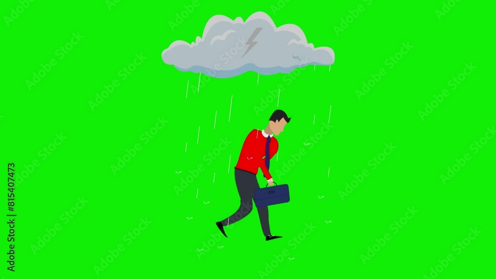 Sad business man walk cycle, loneliness, rainy cloud, character walking motion graphic animation on green screen background Sad business man walk cycle, loneliness, rainy cloud, character walking motion graphic animation on green screen background