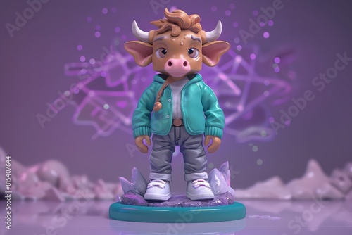 Magical bovine, teal sweater, gray trousers, mystical purple setting, clay effect, soft lighting. photo