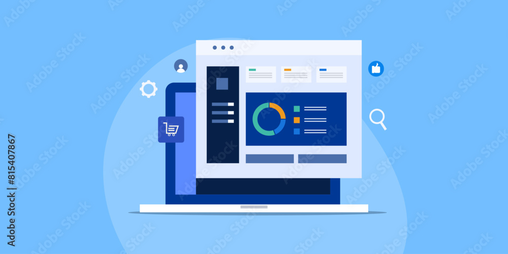 Business intelligence analytics software generating report and display data on interface, vector illustration. Business intelligence analytics software generating report and display data on interface, vector illustration.