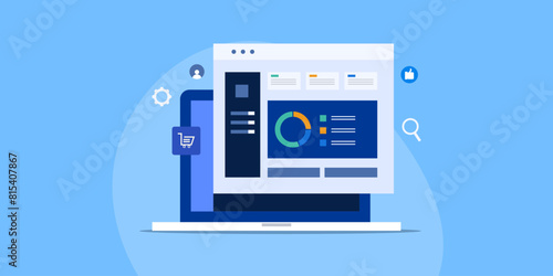 Business intelligence analytics software generating report and display data on interface, vector illustration.