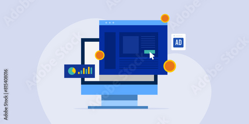 Digital advertising, sponsored ad on web, online campaign report analytics on computer screen vector illustration.