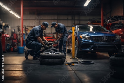 Male car mechanic changing tire in car repair shop.