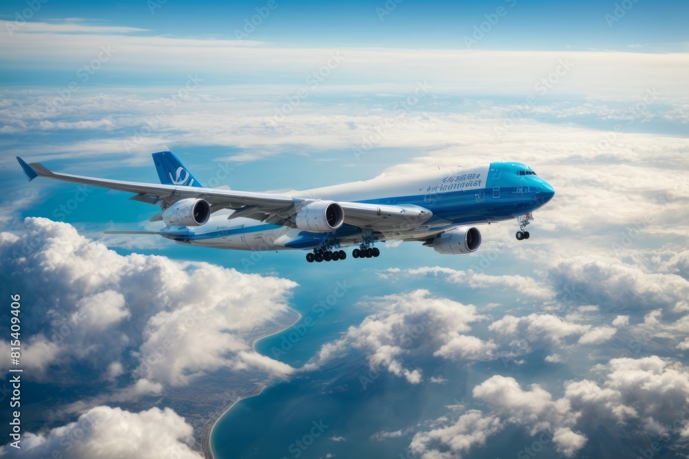 Obraz premium Blue cargo plane flying above the clouds across continents for international delivery