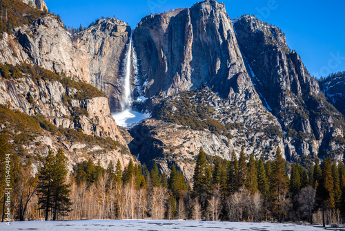 Beautiful Clear Day on Yosemite Falls in Winter, Yosemite National Park, California photo