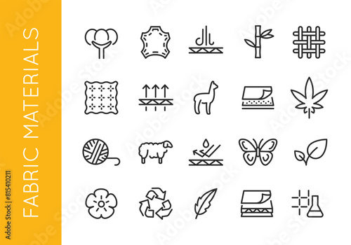 Fabric Materials icons. Set of 20 trendy minimal icons showcasing natural and synthetic materials used in fabric and textile production. Example: Cotton, Leather, Wool, Silk icons. Vector illustration