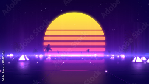 1980s retro style, coconut tree and sun in summer landscape abstract background.