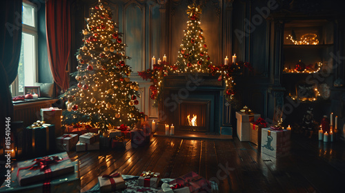 Christmas presents under tree, in front of decorated fire place Christmas presents under tree, in front of decorated fire place, Generative AI