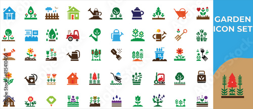 Garden flat icons set including flowers, plot, dacha, grass, watering can, trees, care, digger icons, and more signs in black color.
