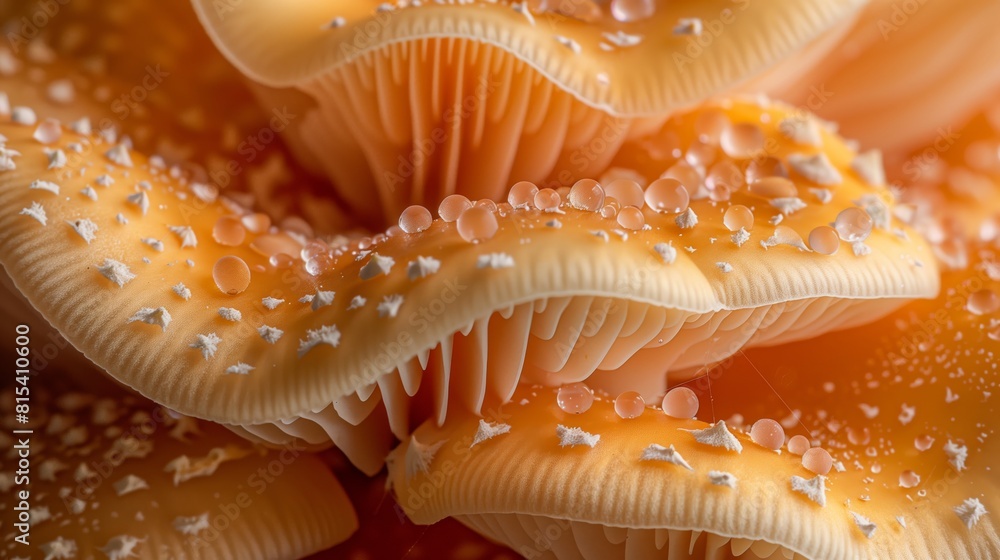 Macro Detail of Dew on Mushroom. Close-up image of a mushroom cap dotted with dew drops, accentuating the delicate textures and natural surroundings. Macro Detail of Dew on Mushroom. Close-up image of a mushroom cap dotted with dew drops, accentuating the delicate textures and natural surroundings.