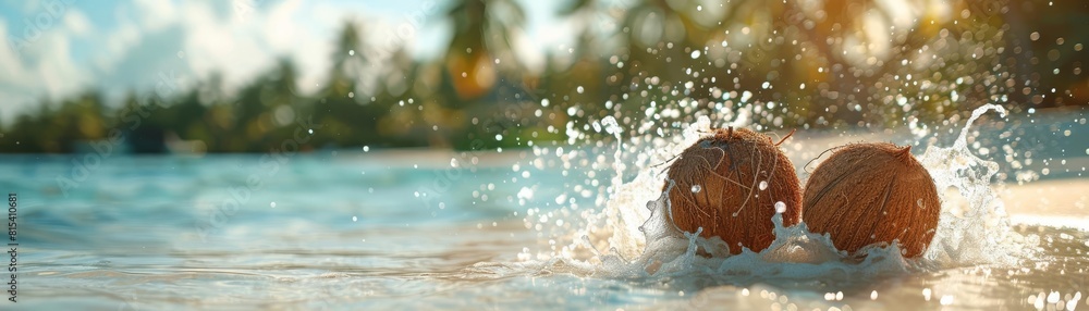Tropical coconuts and Charles with splashing water on the beach Tropical coconuts and Charles with splashing water on the beach