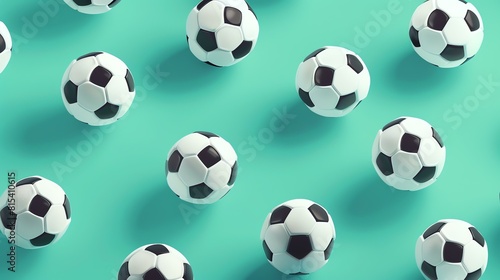 A seamless pattern of 3D soccer balls on a green background. The balls are white with black pentagons and hexagons. © AiStock