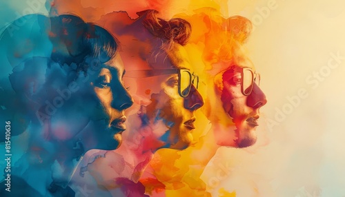 Watercolor illustration of three people in profile, two men and one woman with glasses, on a soft-edged light background photo