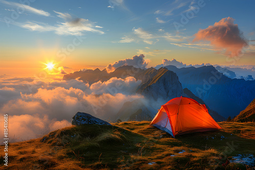 A camping tent perched high in the mountains at sunset  providing a beautiful and serene atmosphere for outdoor adventure and wilderness exploration.