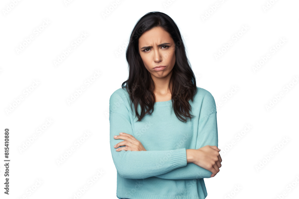 Upset young woman with crossed arms, frowning, light transparent background Upset young woman with crossed arms, frowning, light transparent background