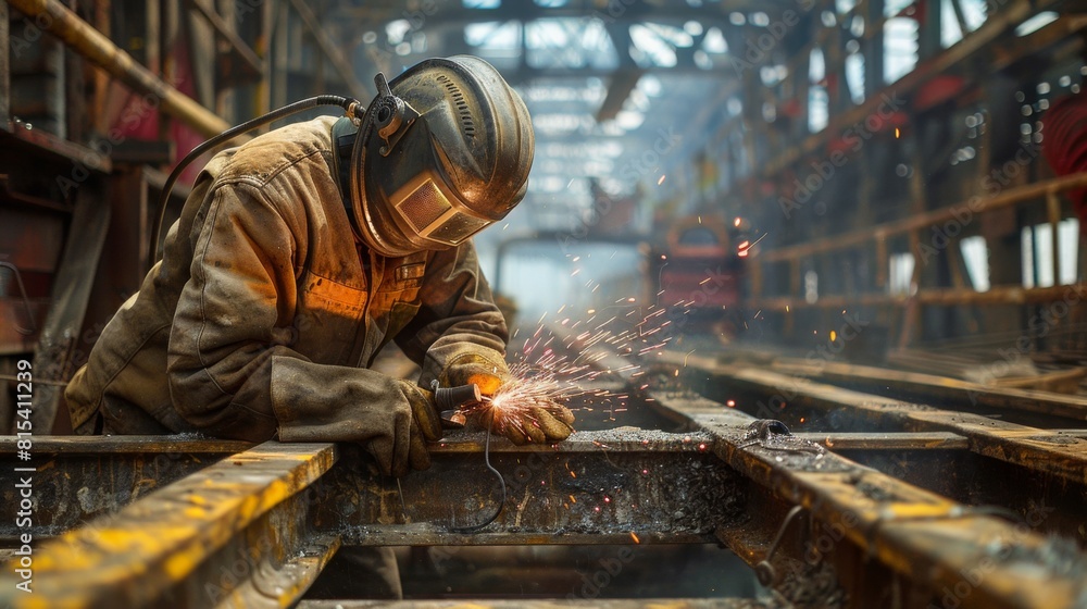 A welder working on the metal elements of a new public library. A welder working on the metal elements of a new public library.