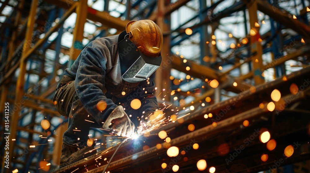 A welder working on the metal elements of a new public library.