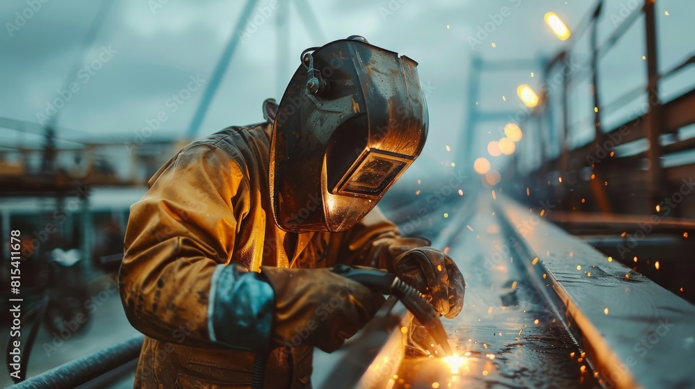 A welder wearing a protective mask welding a steel girder on a bridge. A welder wearing a protective mask welding a steel girder on a bridge.