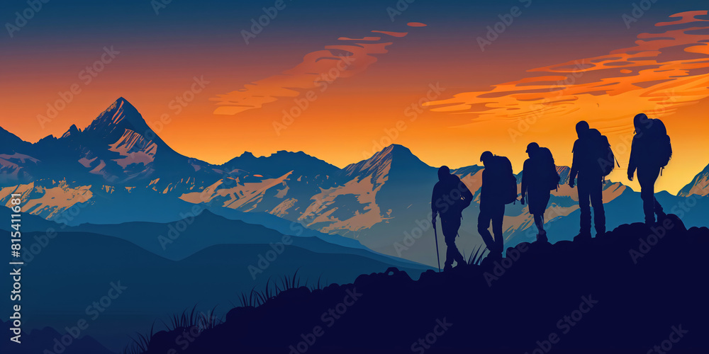 Naklejka premium Silhouettes of hikers trekking at dawn with mountain backdrop.