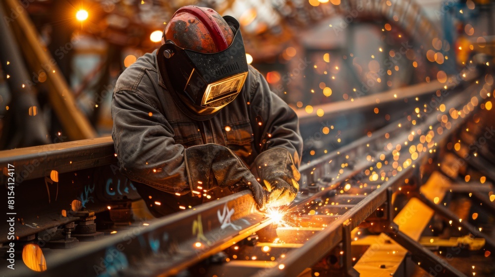 A welder repairing the metallic parts of a vintage roller coaster. A welder repairing the metallic parts of a vintage roller coaster.