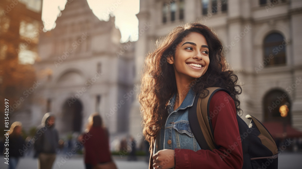 beautiful indian woman with backpack smiling and standing in front of beautiful building