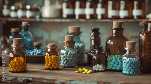  Prescription Perfection A Colorful Array of Pills in Glass Jars, Generative AI