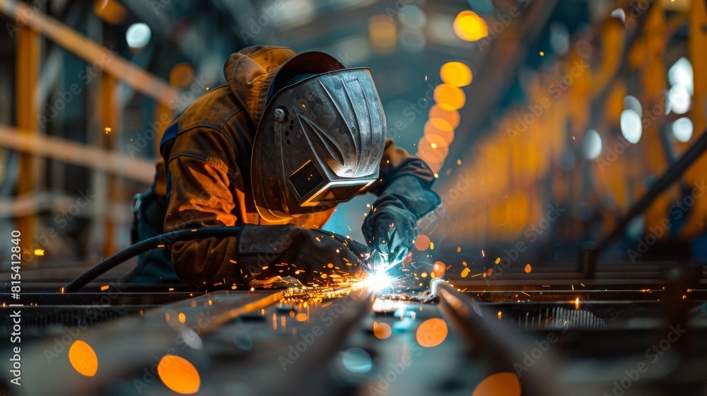 A welder meticulously working on the metal joints of a wind turbine base. A welder meticulously working on the metal joints of a wind turbine base.