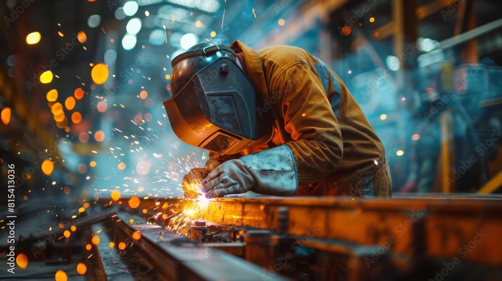 A welder installing steel beams for an emergency services building. A welder installing steel beams for an emergency services building.