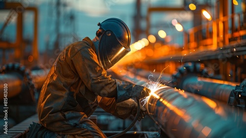 A welder in the early morning light welding a pipeline in an energy plant.