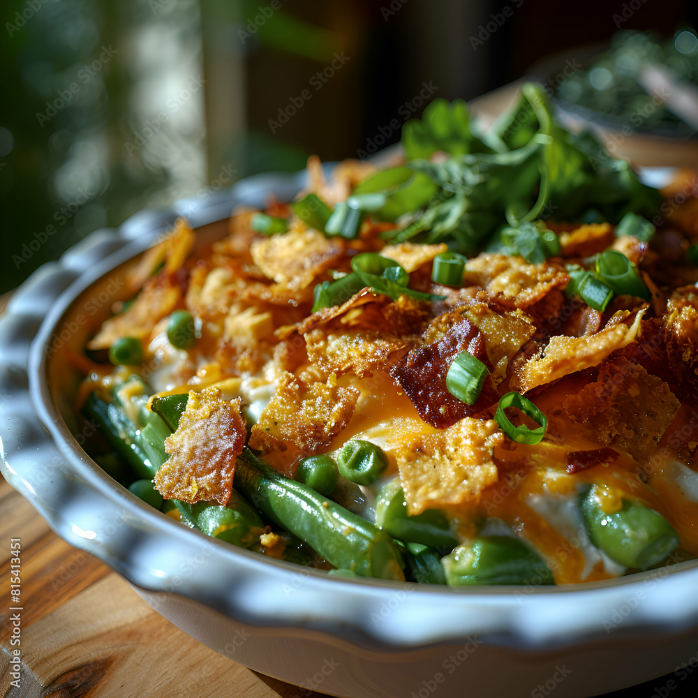 Fried potato with green beans and cheese in a bowl on a wooden table Fried potato with green beans and cheese in a bowl on a wooden table