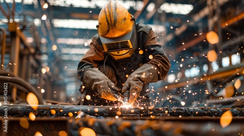 A welder in full gear working amidst sparks flying at a construction site.