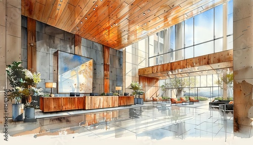 Interior lobby watercolor rendering of an office building with expansive windows, wood details, and modern architectural design