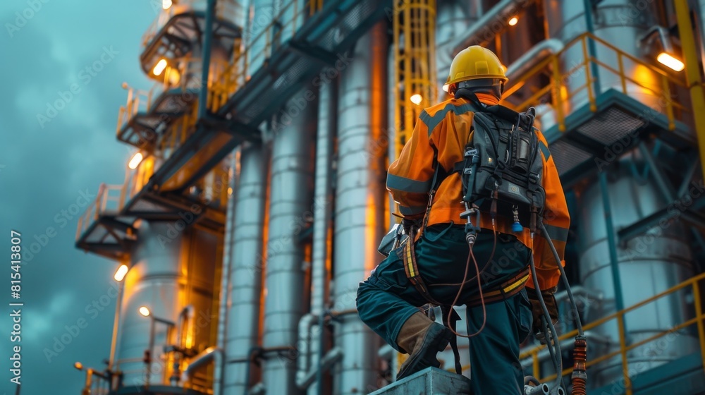 A welder in a safety harness working atop a gas refinery tower. A welder in a safety harness working atop a gas refinery tower.