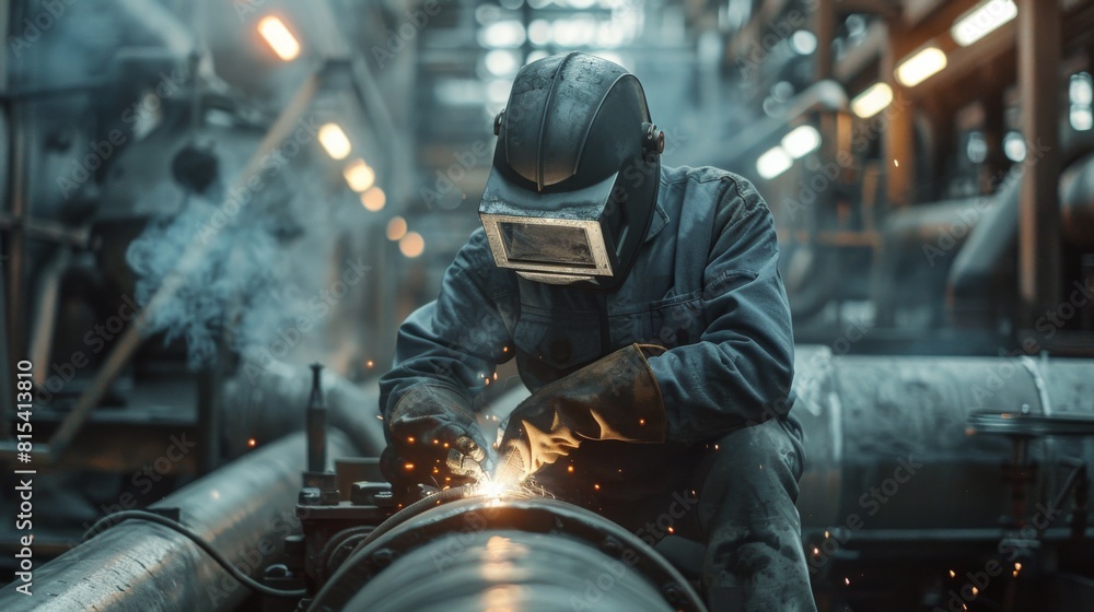 A welder in a protective suit working on the exhaust systems of industrial boilers. A welder in a protective suit working on the exhaust systems of industrial boilers.