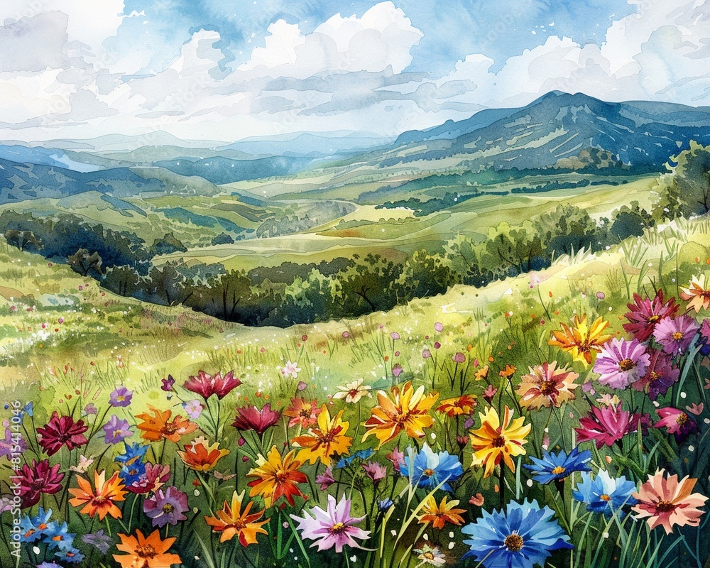 Fototapeta premium A watercolor illustration of a serene forest scene with colorful foliage and soft, dreamy elements in the background Generative AI