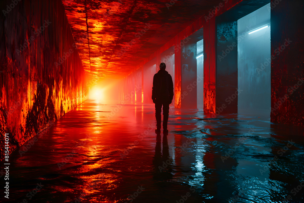 Fototapeta premium Man walking in dark corridor with lights and reflections on the floor.