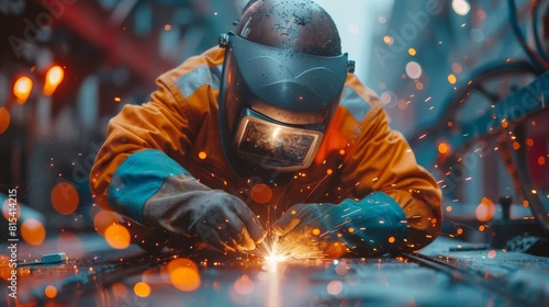 A welder fixing the metallic components of a hydraulic dam gate. photo