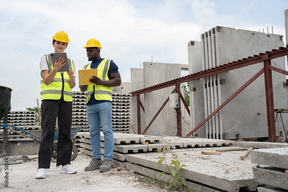Portrait African American engineer man use clipboard and Hispanic latin engineer woman use tablet computer checking precast cement at precast cement outdoor factory Portrait African American engineer man use clipboard and Hispanic latin engineer woman use tablet computer checking precast cement at precast cement outdoor factory