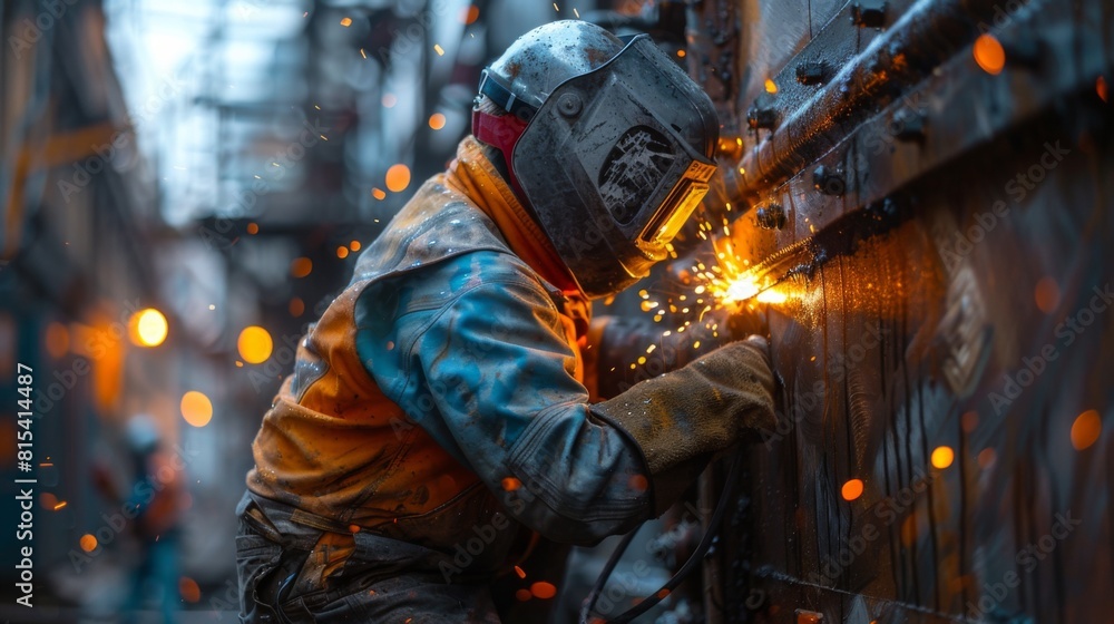A welder fine-tuning the installation of a metal facade on a luxury hotel. A welder fine-tuning the installation of a metal facade on a luxury hotel.