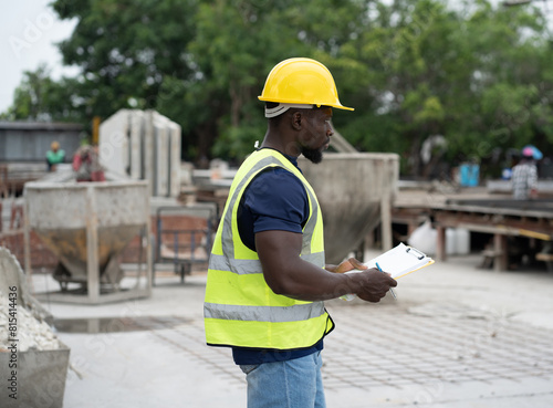 Portrait African American engineer man use clipboard checking precast cement at precast cement outdoor factory 