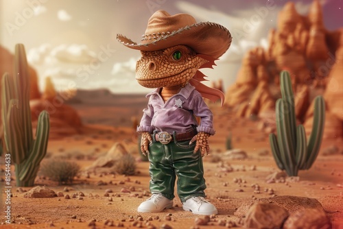 Frontier dragon, lavender top, forest green pants, cowboy theme, clay matte finish, desert scene. photo