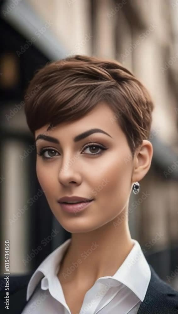 front portrait of a young business woman with a pixie cut in a classi front portrait of a young business woman with a pixie cut in a classi