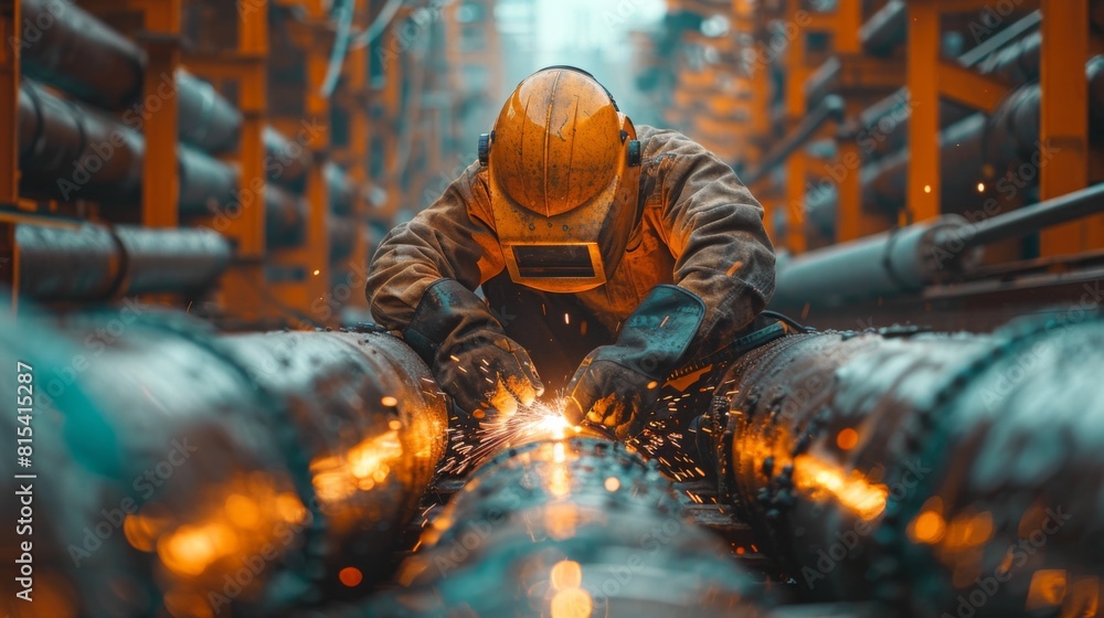 A welder checking weld quality with ultraviolet light in a pipeline project. A welder checking weld quality with ultraviolet light in a pipeline project.
