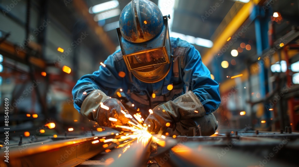 A welder assembling prefabricated housing units in a rapid construction project. A welder assembling prefabricated housing units in a rapid construction project.