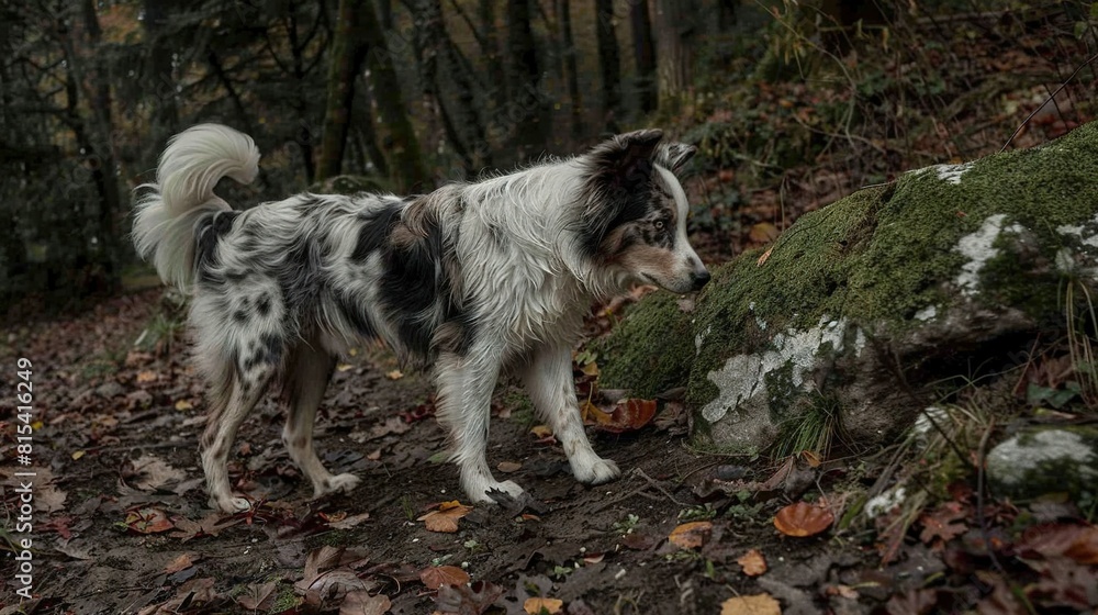 A black and white dog stands beside a towering rock amidst a dense forest filled with abundant foliage A black and white dog stands beside a towering rock amidst a dense forest filled with abundant foliage