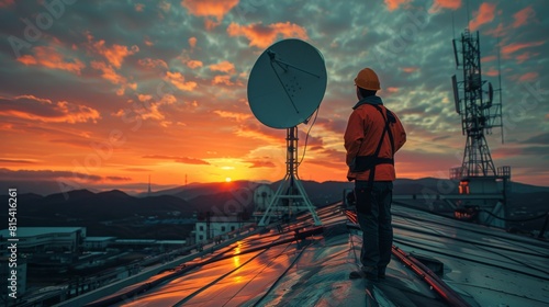 A technician inspecting the alignment of a satellite dish on a factory roof.