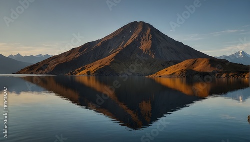 A view of a mountain over a lake at sunset