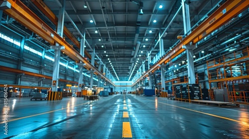 A team routing new electrical conduits along the ceiling of a manufacturing plant. photo