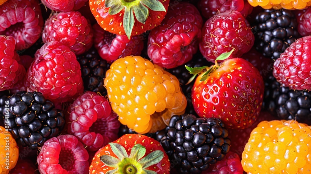 A close-up of fruit featuring berries, raspberries, oranges, and strawberries A close-up of fruit featuring berries, raspberries, oranges, and strawberries