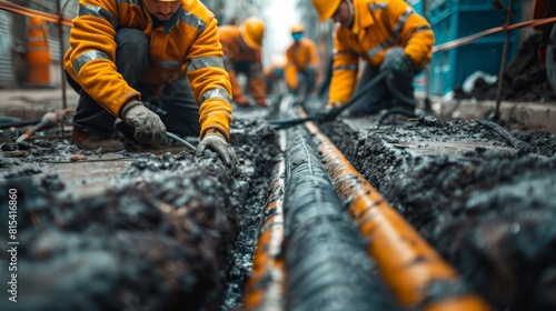 A team installing heavy-duty electrical cables underground in a factory yard. photo